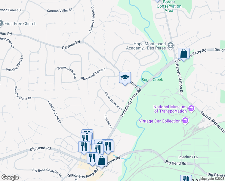 map of restaurants, bars, coffee shops, grocery stores, and more near 758 Galway Drive in Ballwin