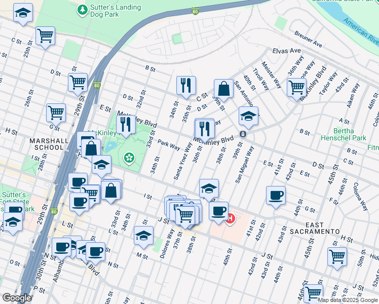 map of restaurants, bars, coffee shops, grocery stores, and more near 561 Santa Ynez Way in Sacramento