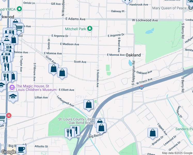 map of restaurants, bars, coffee shops, grocery stores, and more near 453 South Holmes Avenue in Kirkwood