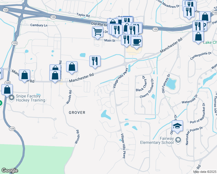 map of restaurants, bars, coffee shops, grocery stores, and more near 16518 Carriage View Court in Wildwood