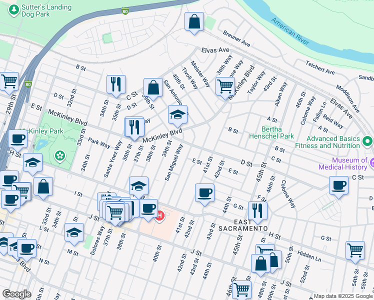 map of restaurants, bars, coffee shops, grocery stores, and more near 416 San Antonio Way in Sacramento