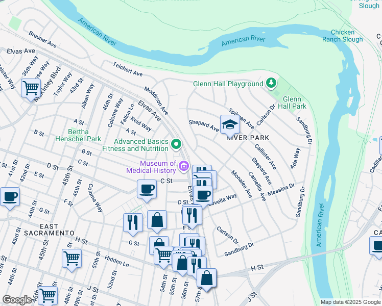 map of restaurants, bars, coffee shops, grocery stores, and more near 5290 Moddison Avenue in Sacramento