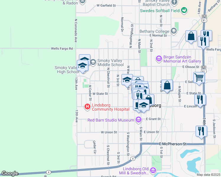 map of restaurants, bars, coffee shops, grocery stores, and more near 210 North Chestnut Street in Lindsborg