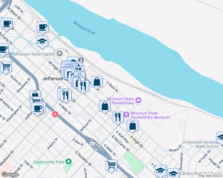 map of restaurants, bars, coffee shops, grocery stores, and more near 420 East State Street in Jefferson City