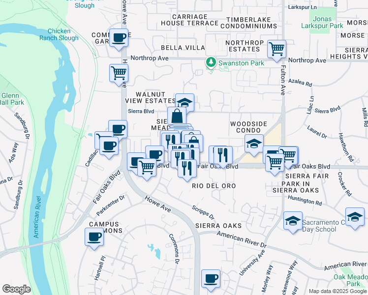 map of restaurants, bars, coffee shops, grocery stores, and more near 556 Pavilions Lane in Sacramento