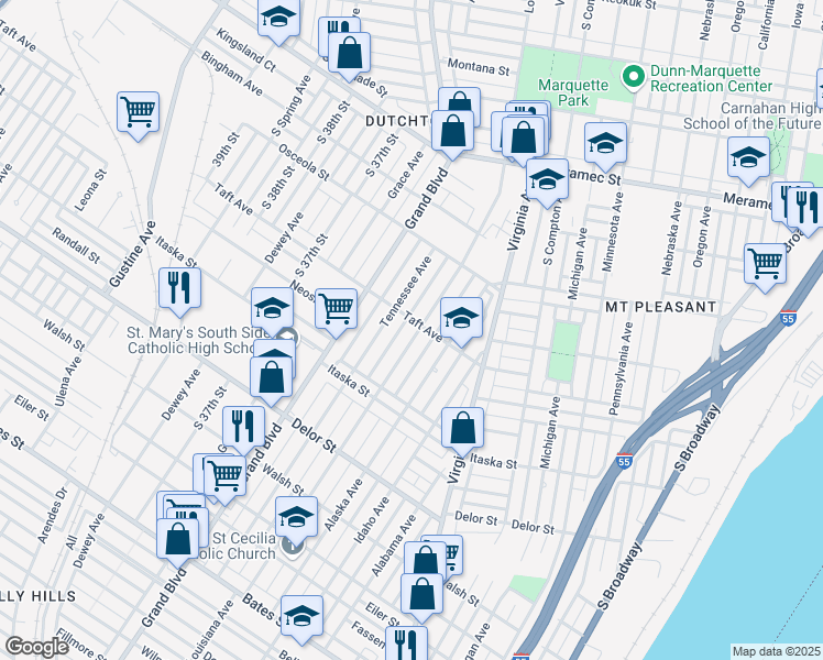 map of restaurants, bars, coffee shops, grocery stores, and more near 4611 Louisiana Avenue in St. Louis