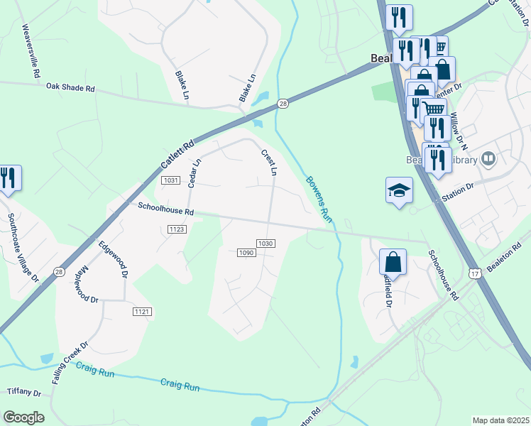 map of restaurants, bars, coffee shops, grocery stores, and more near 11184 Crest Lane in Bealeton