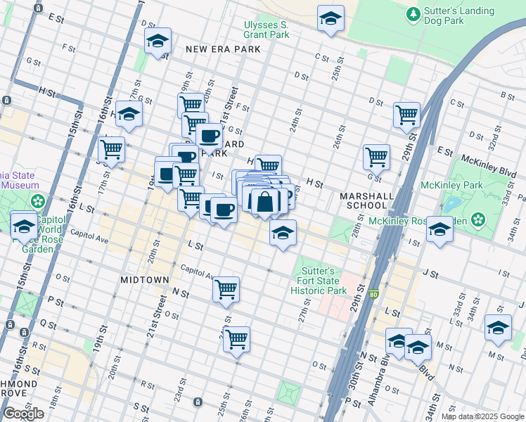 map of restaurants, bars, coffee shops, grocery stores, and more near 2331 J Street in Sacramento