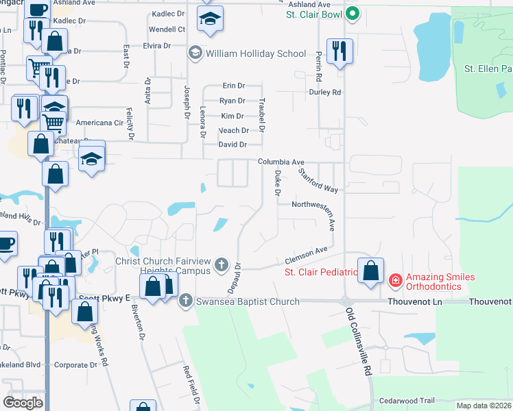 map of restaurants, bars, coffee shops, grocery stores, and more near 801 Old Dominion Court in Fairview Heights