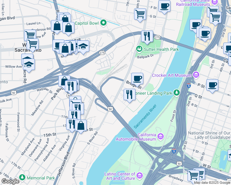 map of restaurants, bars, coffee shops, grocery stores, and more near 1000 South River Road in West Sacramento