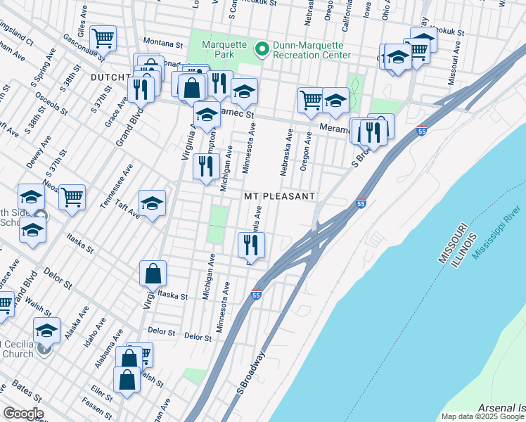 map of restaurants, bars, coffee shops, grocery stores, and more near 4426 Pennsylvania Avenue in St. Louis