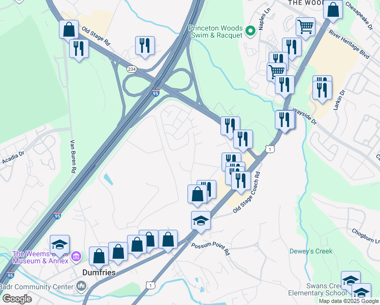 map of restaurants, bars, coffee shops, grocery stores, and more near 17368 Tripoli Boulevard in Dumfries