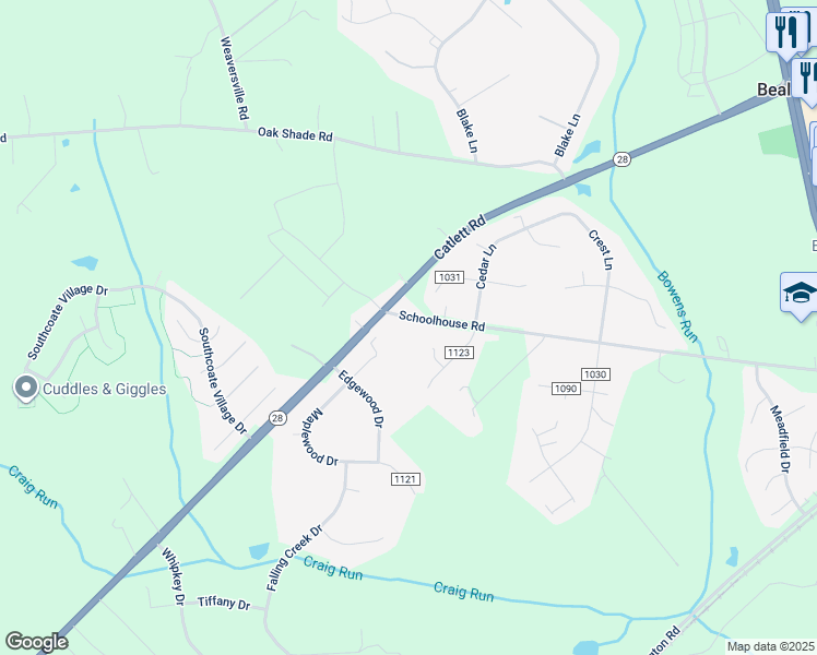 map of restaurants, bars, coffee shops, grocery stores, and more near 6759 Schoolhouse Road in Bealeton
