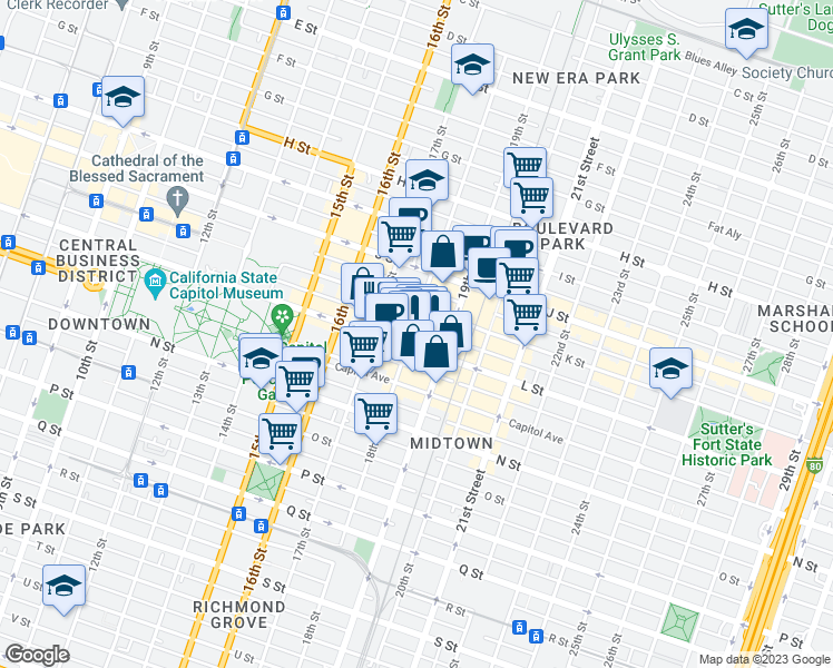 map of restaurants, bars, coffee shops, grocery stores, and more near 1123 18th Street in Sacramento