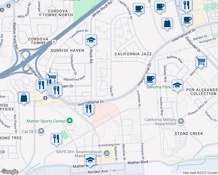map of restaurants, bars, coffee shops, grocery stores, and more near 22 Data Drive in Rancho Cordova