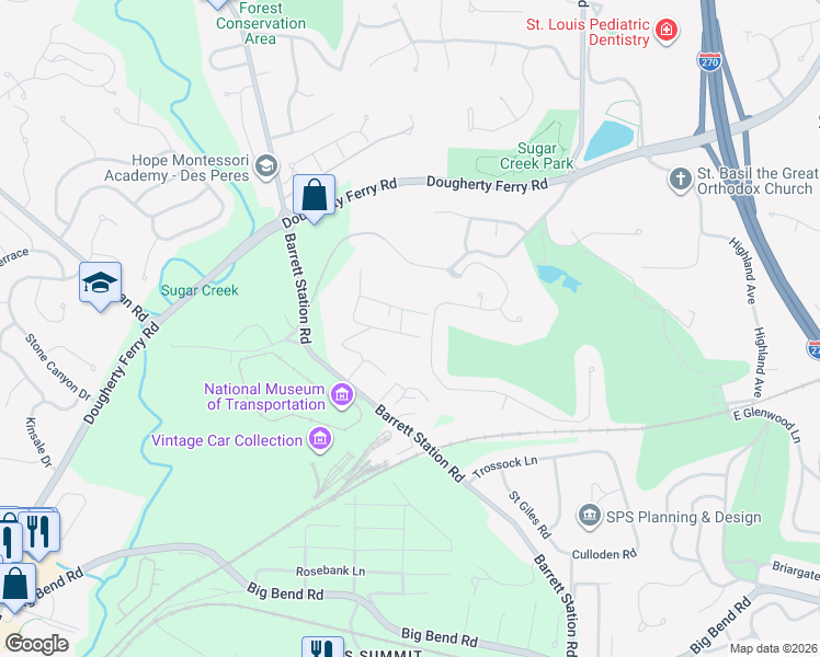 map of restaurants, bars, coffee shops, grocery stores, and more near 13141 Cozy Hill Drive in St. Louis