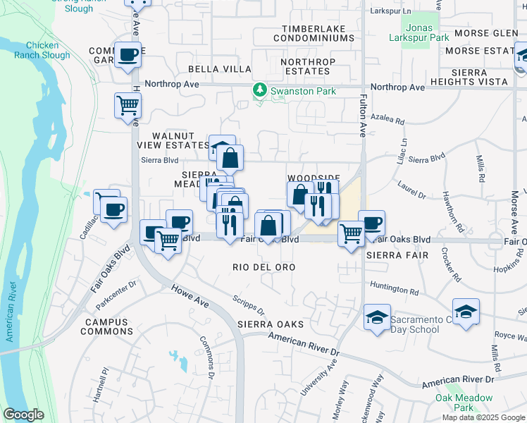 map of restaurants, bars, coffee shops, grocery stores, and more near 2345 Fair Oaks Boulevard in Sacramento