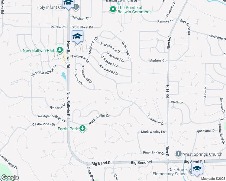 map of restaurants, bars, coffee shops, grocery stores, and more near 421 Harvest Hill Court in Ballwin