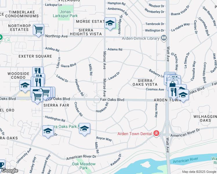 map of restaurants, bars, coffee shops, grocery stores, and more near 550 Morse Avenue in Sacramento