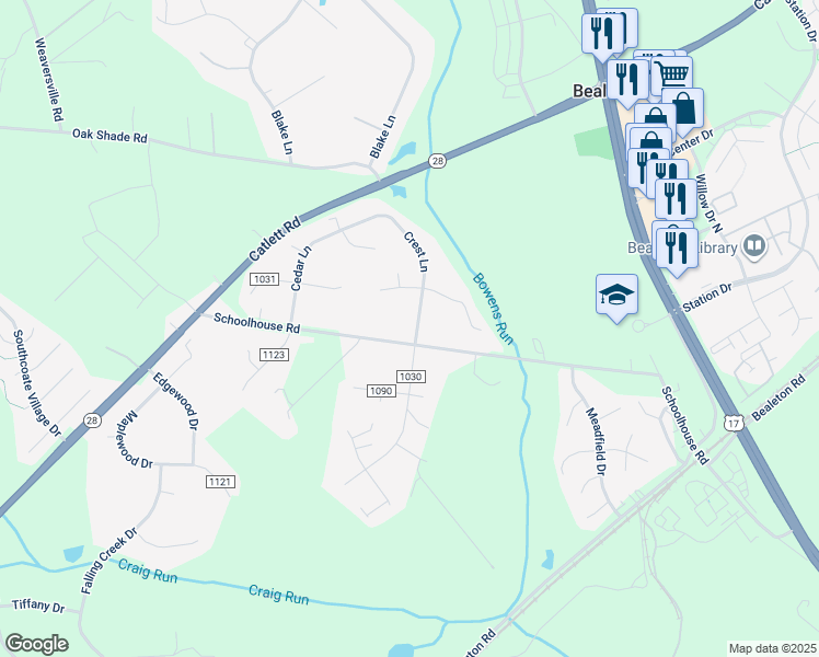 map of restaurants, bars, coffee shops, grocery stores, and more near 11184 Crest Lane in Bealeton