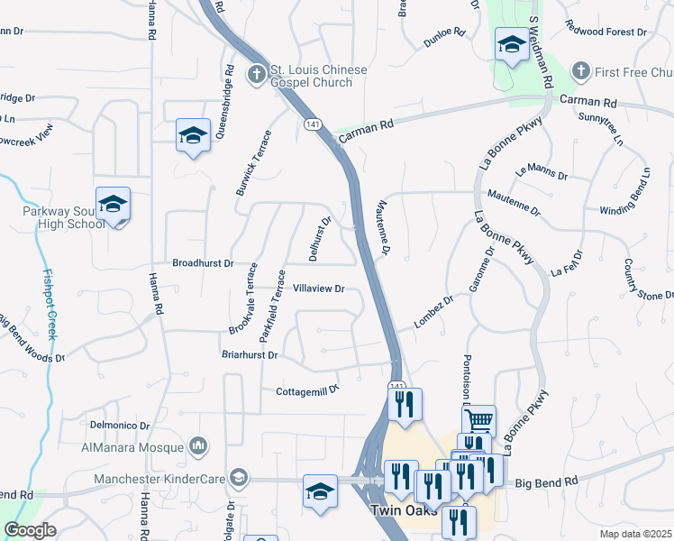 map of restaurants, bars, coffee shops, grocery stores, and more near 1134 Westleigh Terrace in Ballwin