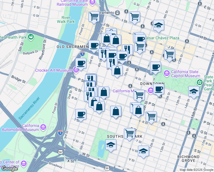 map of restaurants, bars, coffee shops, grocery stores, and more near 515 P Street in Sacramento