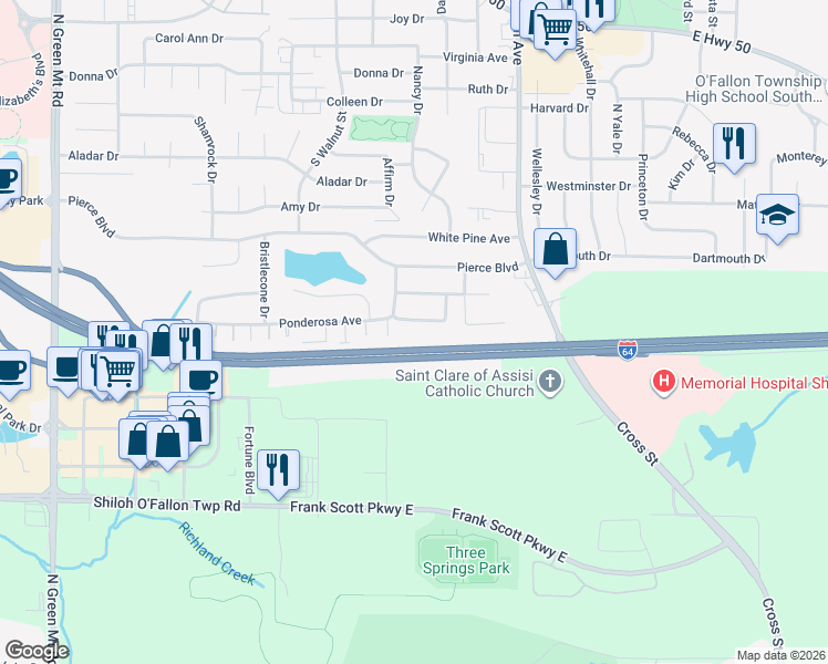 map of restaurants, bars, coffee shops, grocery stores, and more near 125 Sugar Pine Lane in O'Fallon