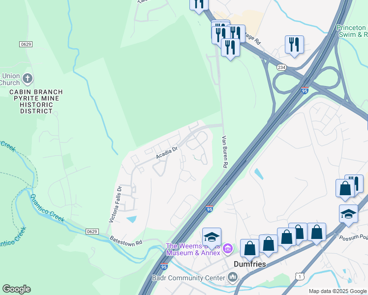 map of restaurants, bars, coffee shops, grocery stores, and more near 4087 Jasper Loop in Dumfries