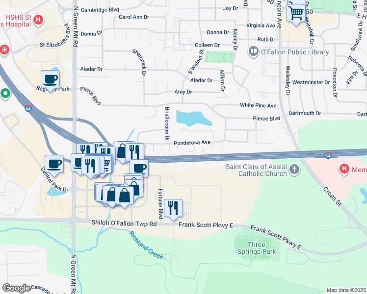 map of restaurants, bars, coffee shops, grocery stores, and more near 435 Ponderosa Avenue in O'Fallon