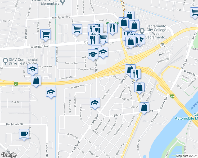 map of restaurants, bars, coffee shops, grocery stores, and more near 731 Webster Street in West Sacramento