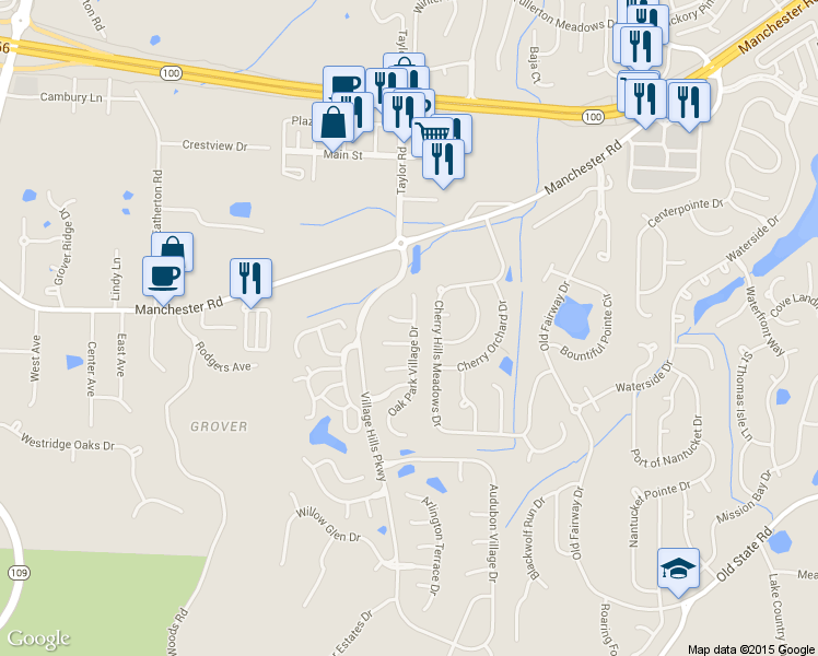 map of restaurants, bars, coffee shops, grocery stores, and more near 16400 Pavillion Hill Court in Wildwood