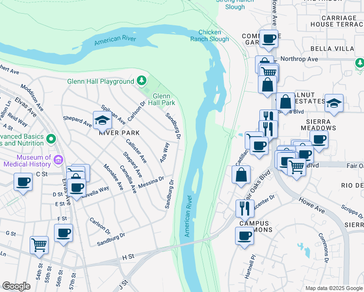 map of restaurants, bars, coffee shops, grocery stores, and more near 54 Sandburg Dr in Sacramento