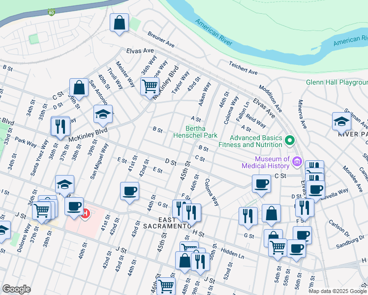 map of restaurants, bars, coffee shops, grocery stores, and more near 255 La Purissima Way in Sacramento