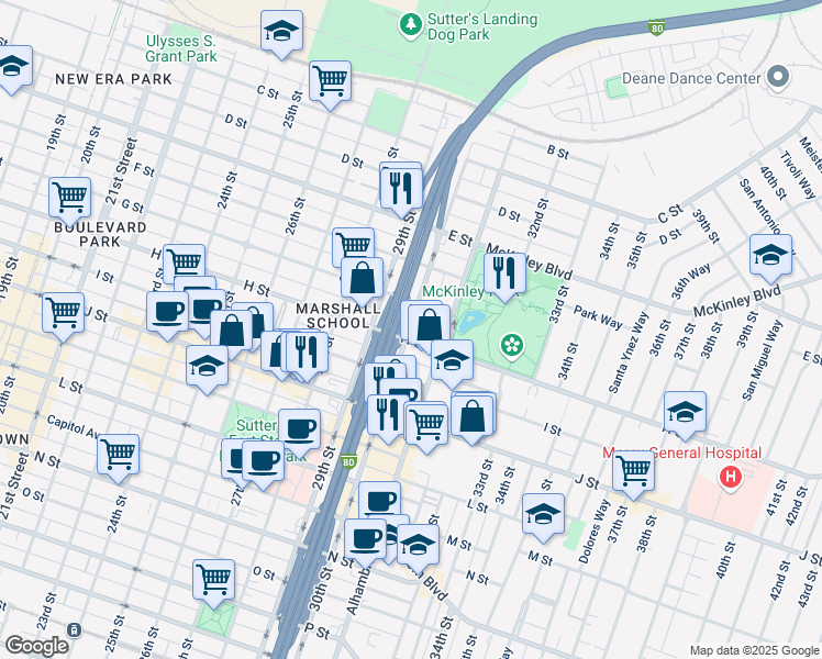map of restaurants, bars, coffee shops, grocery stores, and more near in Sacramento