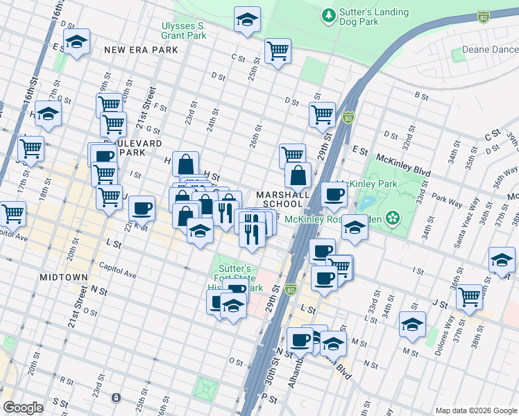 map of restaurants, bars, coffee shops, grocery stores, and more near 2631 I Street in Sacramento