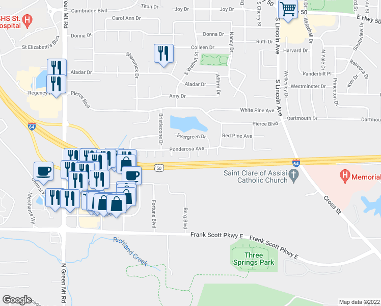 map of restaurants, bars, coffee shops, grocery stores, and more near 435 Ponderosa Avenue in O'Fallon