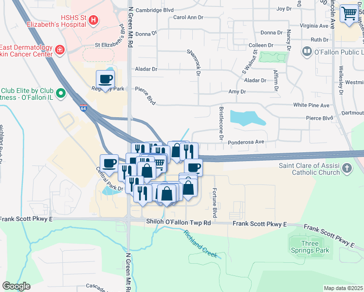 map of restaurants, bars, coffee shops, grocery stores, and more near 569 Ponderosa Avenue in O'Fallon