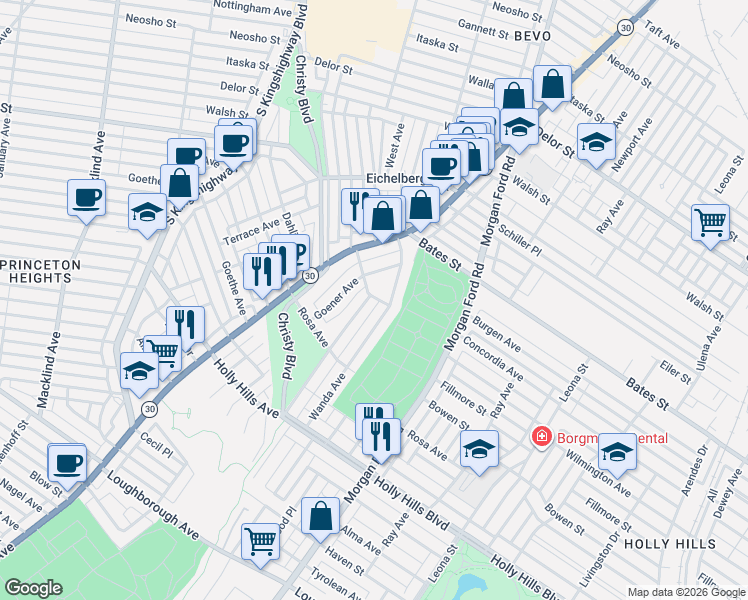 map of restaurants, bars, coffee shops, grocery stores, and more near 5979 Wanda Avenue in St. Louis