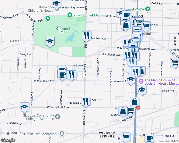 map of restaurants, bars, coffee shops, grocery stores, and more near 438 South Geyer Road in Kirkwood