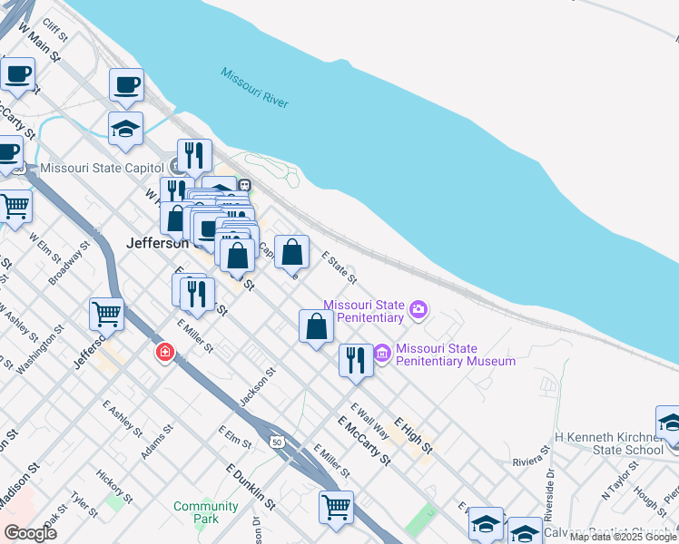 map of restaurants, bars, coffee shops, grocery stores, and more near 417 E Parsons Way in Jefferson City