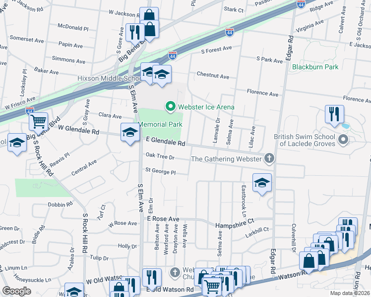 map of restaurants, bars, coffee shops, grocery stores, and more near 124 East Glendale Road in Webster Groves