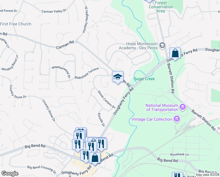 map of restaurants, bars, coffee shops, grocery stores, and more near 758 Galway Drive in Ballwin