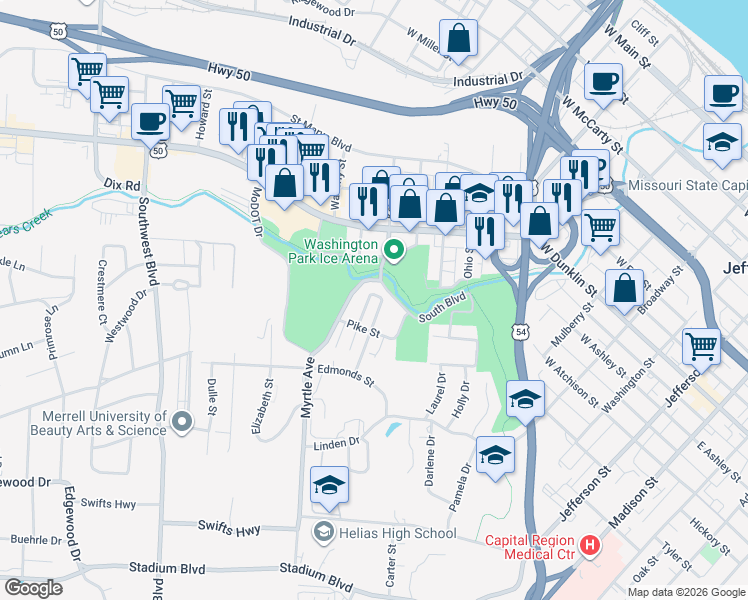 map of restaurants, bars, coffee shops, grocery stores, and more near 803 Montana Avenue in Jefferson City