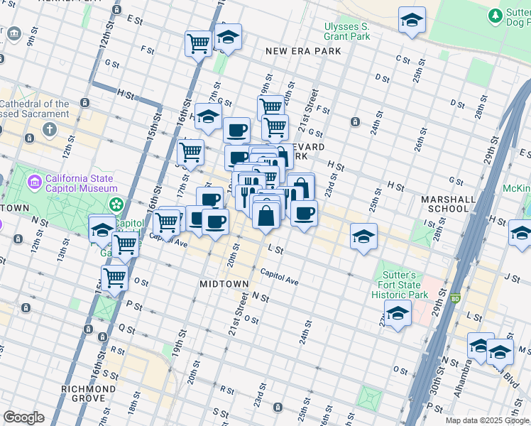 map of restaurants, bars, coffee shops, grocery stores, and more near 1020 21st Street in Sacramento