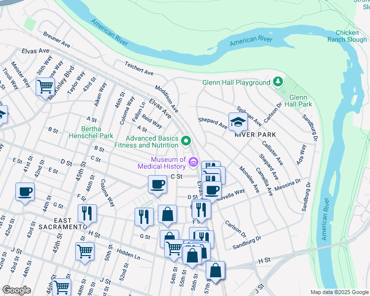 map of restaurants, bars, coffee shops, grocery stores, and more near 131 Lagomarsino Way in Sacramento