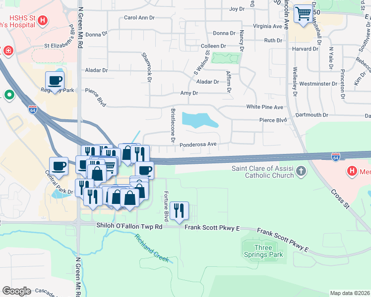 map of restaurants, bars, coffee shops, grocery stores, and more near 449 Ponderosa Avenue in O'Fallon