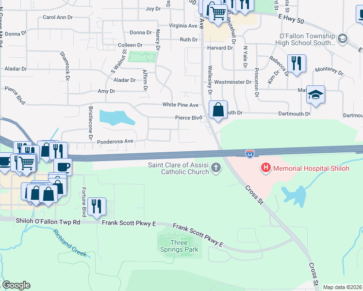 map of restaurants, bars, coffee shops, grocery stores, and more near 1527 English Pine Lane in O'Fallon