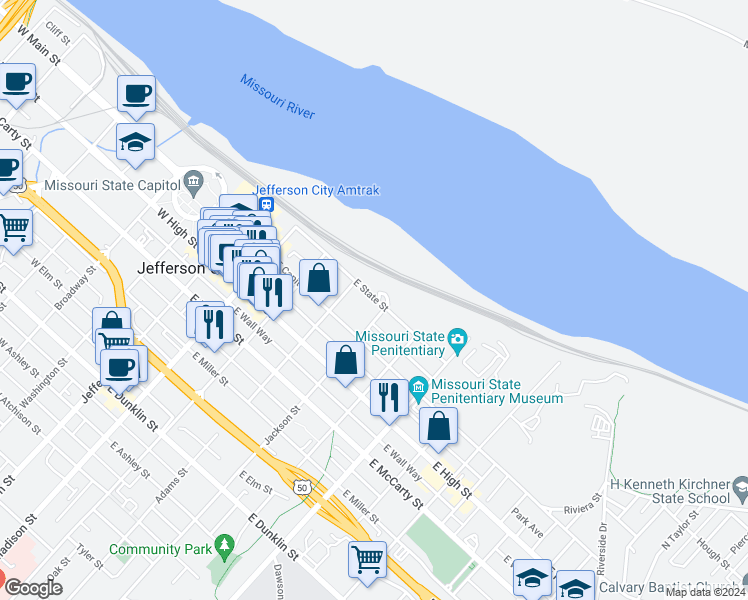 map of restaurants, bars, coffee shops, grocery stores, and more near 420 East State Street in Jefferson City