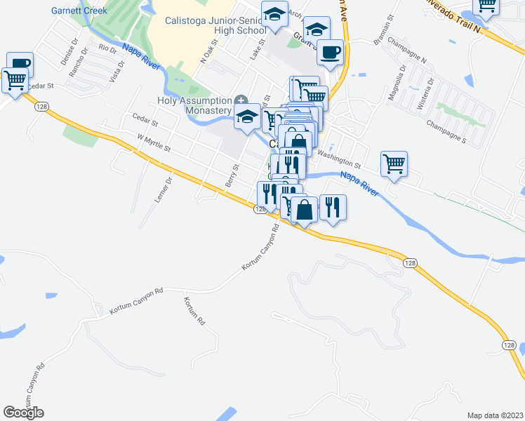 map of restaurants, bars, coffee shops, grocery stores, and more near 1305 Foothill Boulevard in Calistoga