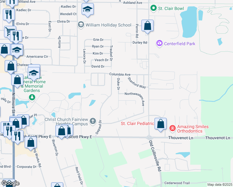 map of restaurants, bars, coffee shops, grocery stores, and more near 5347 Duke Drive in Fairview Heights